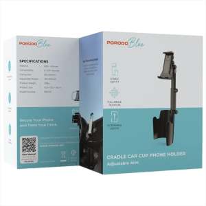 Porodo Blue Cradle Car Cup Phone Holder with Adjustable Arm - Black