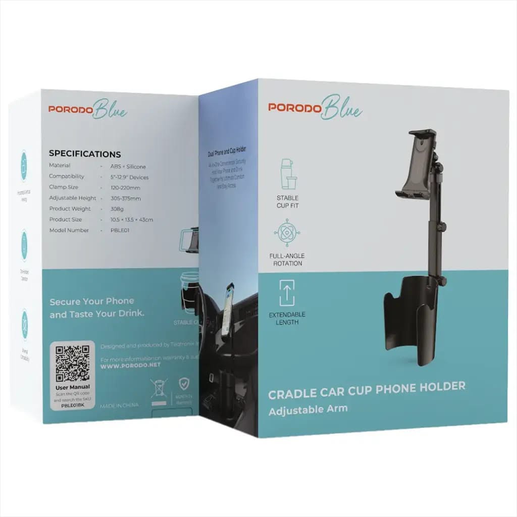 Porodo Blue Cradle Car Cup Phone Holder with Adjustable Arm - Black
